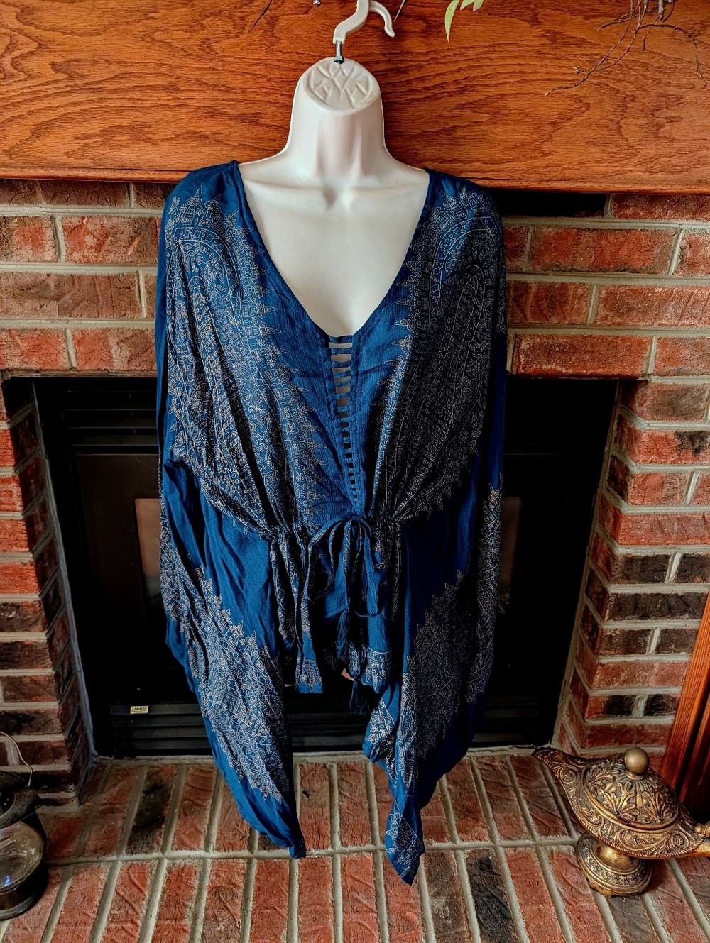 NWT Teal Blue Boho V-Neck Tie-Front Ajustable Tunic Size XL